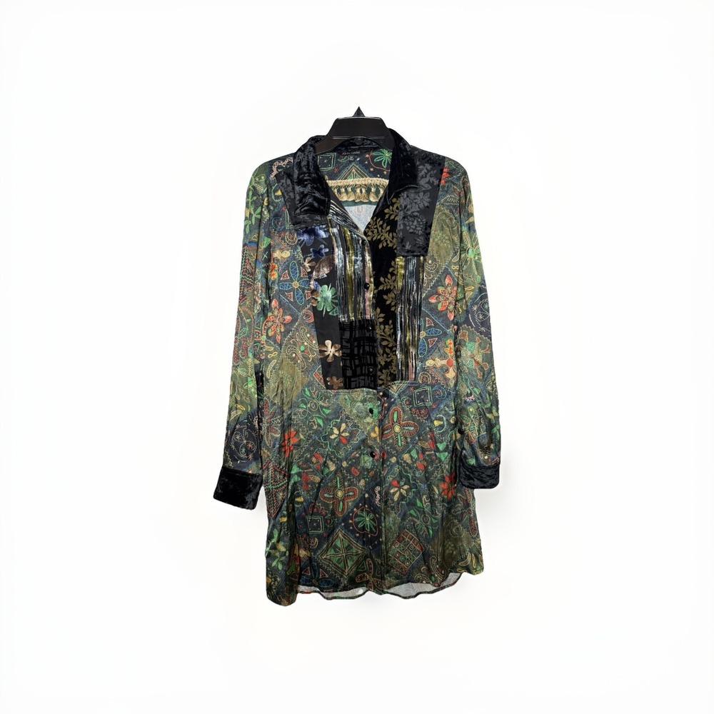 John Mark Womens Med Black Velvet Burnout Floral Colorblock Tunic Top Tab Sleeve